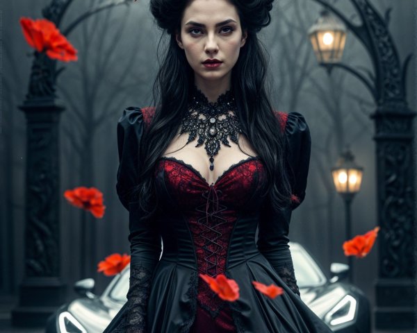 Confident Woman in Dark Setting with Red Gown and Antlers
