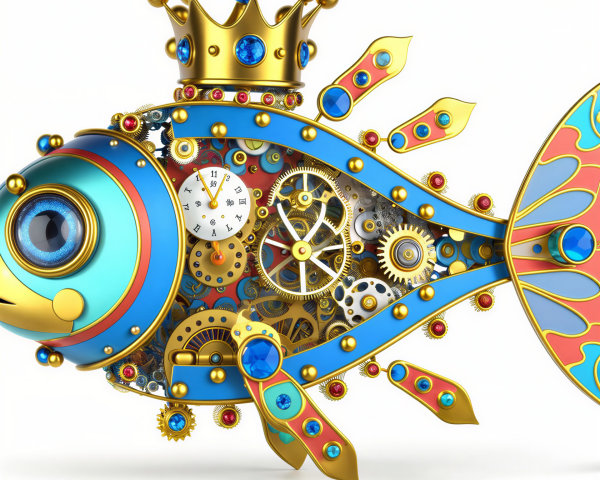 Steampunk Fish with Gold Crown and Intricate Details