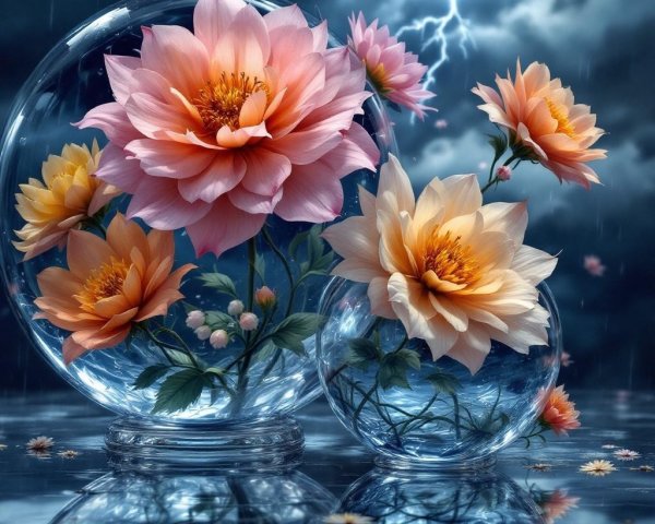 Surreal Scene of Flowers in Glass Spheres and Storm