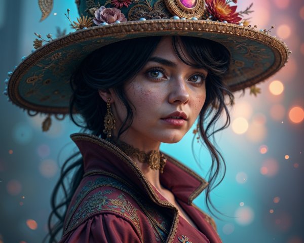 Young woman in ornate hat with floral designs