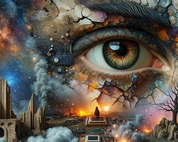 Surreal Collage of Eye with Cosmic and Technological Themes