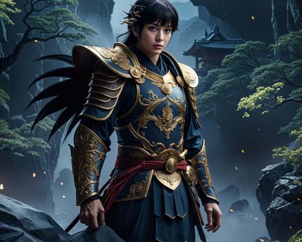 Warrior in Intricate Armor in Mystical Landscape