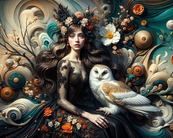 Mystical Woman in Lace Dress with Owl and Flowers