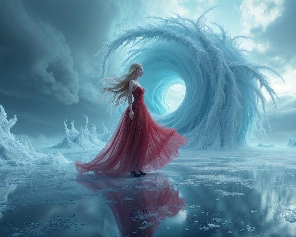 Surreal Landscape with Woman in Red Dress and Ice Waves