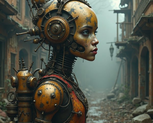 Humanoid Robot in Foggy Abandoned Steampunk Street