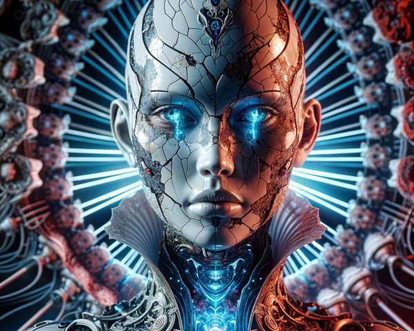 Futuristic humanoid robot with glowing blue eyes