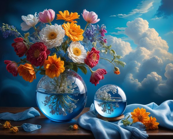 Colorful Flower Arrangement in Glass Vase with Blue Water