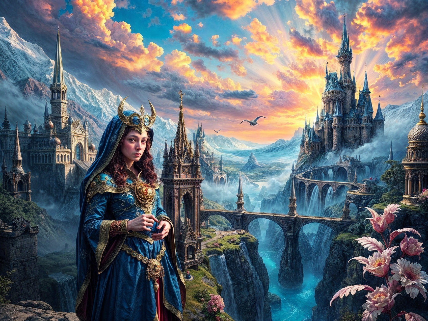 Majestic Fantasy Landscape with Royal Figure and Castle