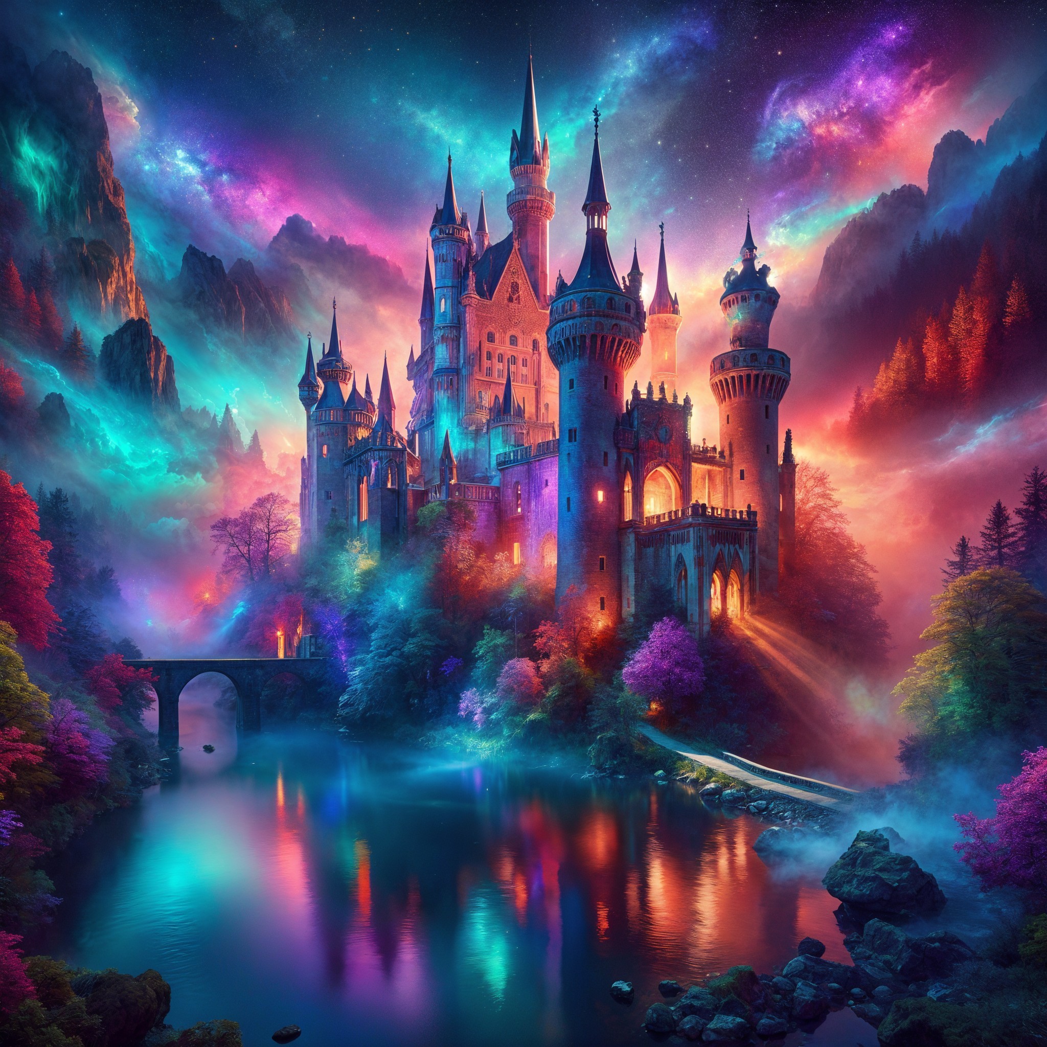 Fantasy Castle Amidst Galaxies and Vibrant Auroras