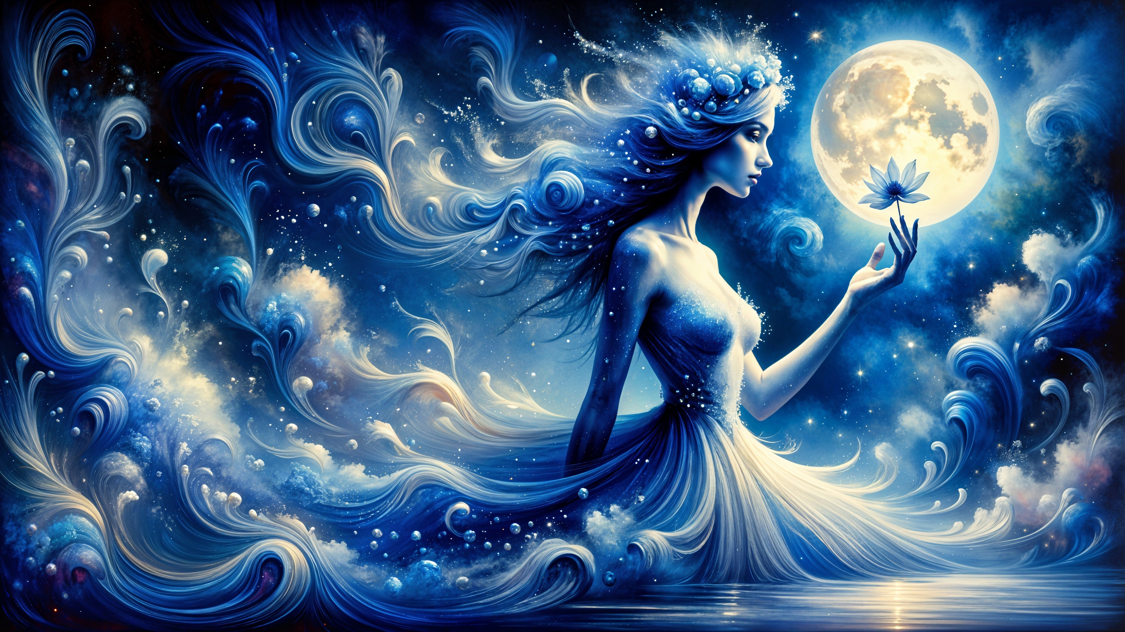 Ethereal Figure Surrounded by Water and Cosmic Elements