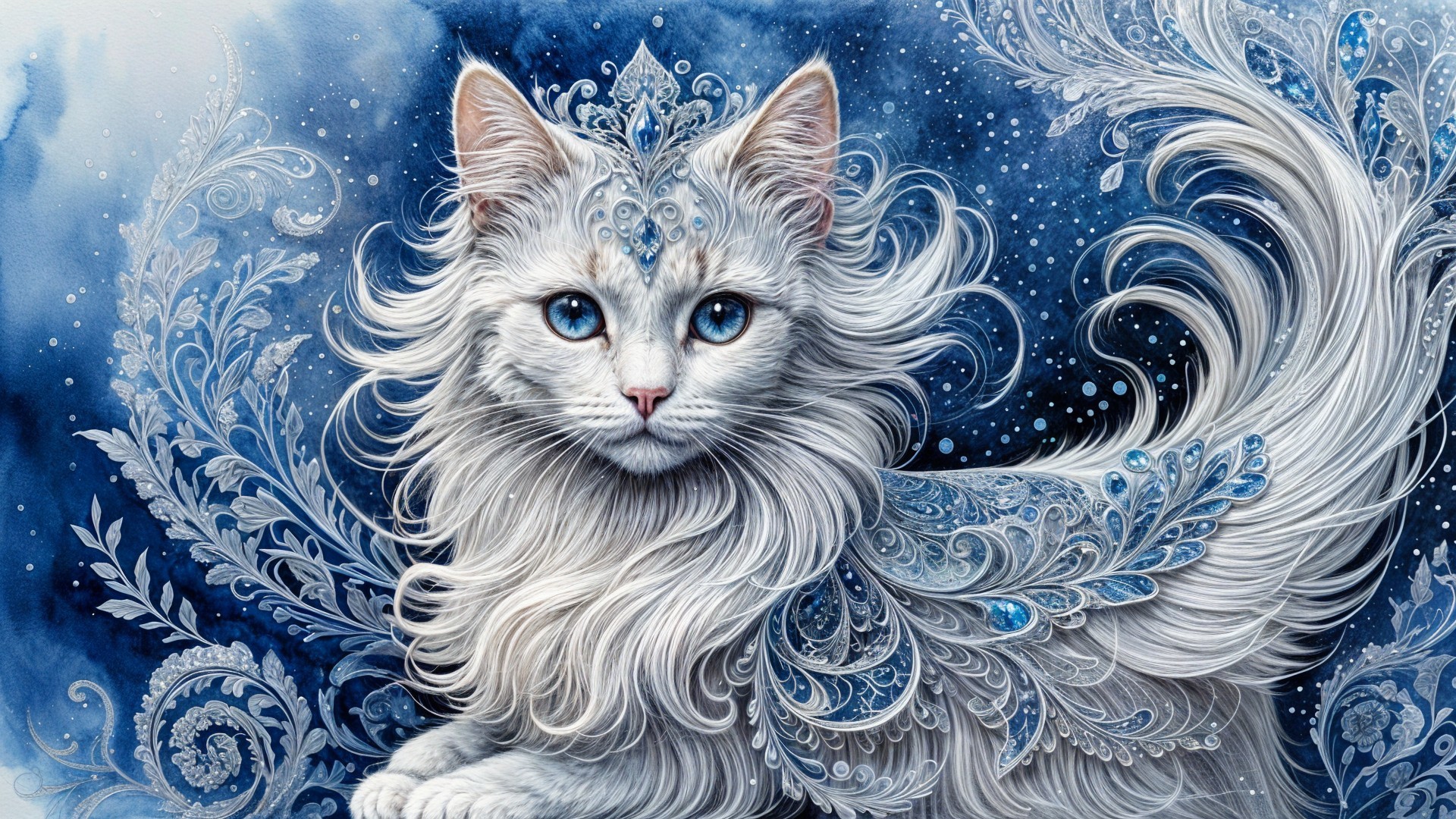Majestic White Cat with Blue Eyes and Intricate Patterns