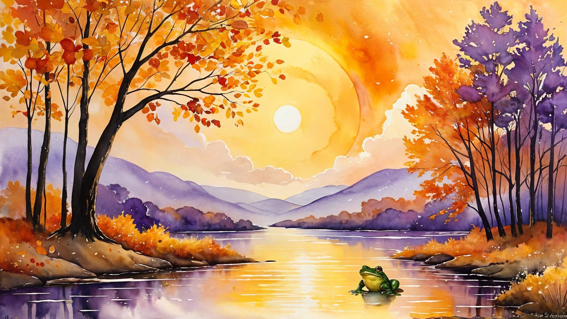 Tranquil River Landscape with Autumn Trees and Frog