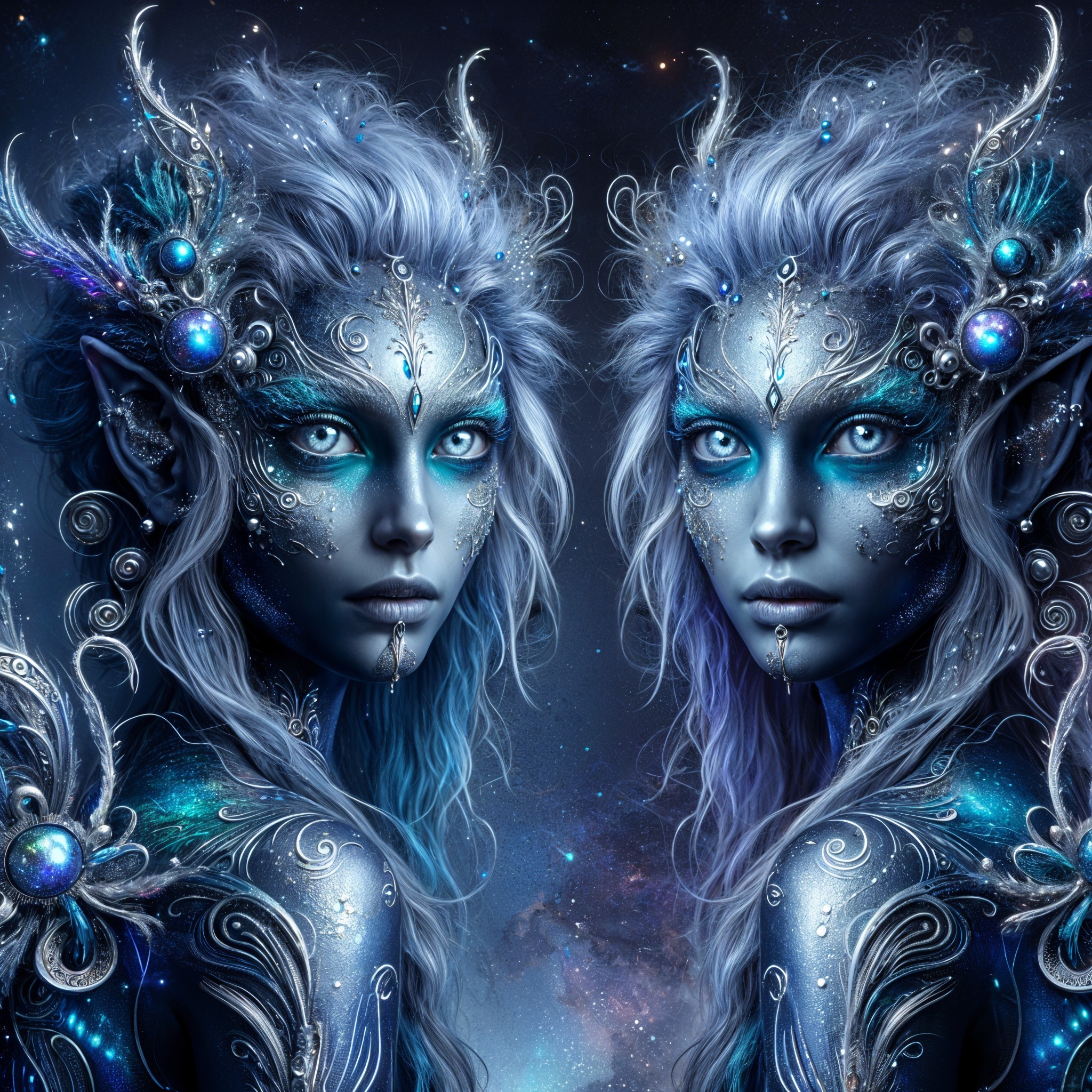 Ethereal Figures with Silver-Blue Hair in Fantasy Scene