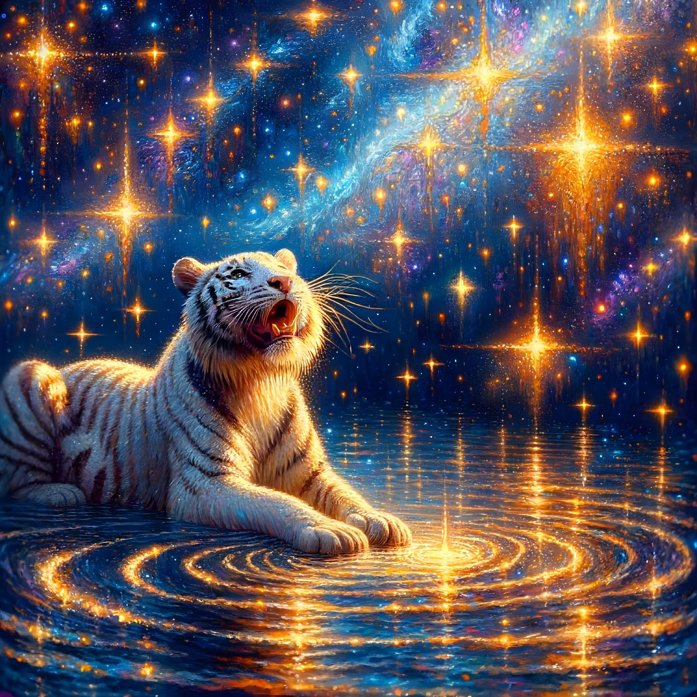 White Tiger by Shimmering Water Under Cosmic Sky