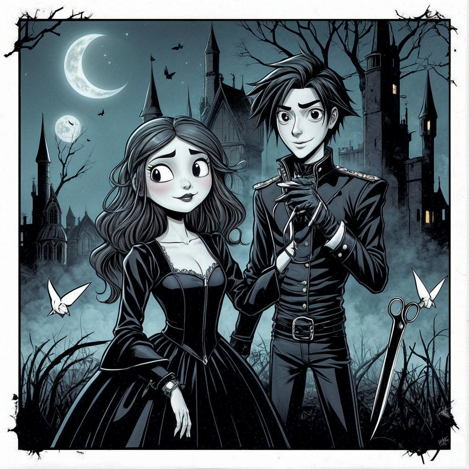 Gothic Couple in Misty Graveyard with Eerie Castle