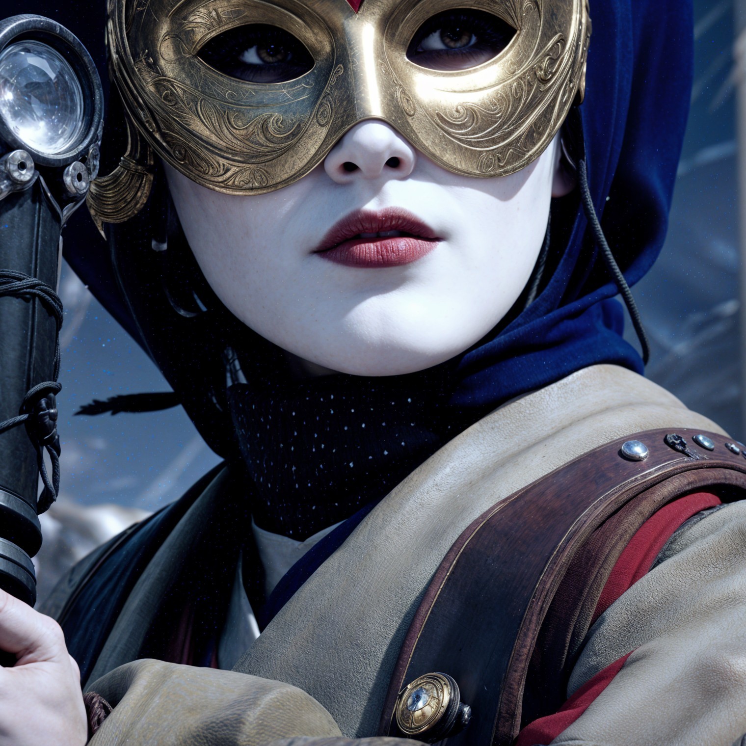 Intricate Mask and Hooded Figure with Vibrant Colors