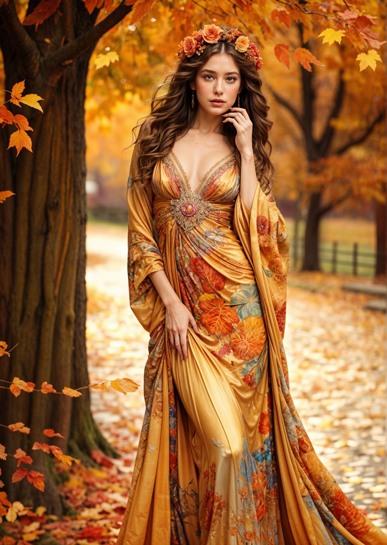 Woman in flowing gown in vibrant autumn landscape