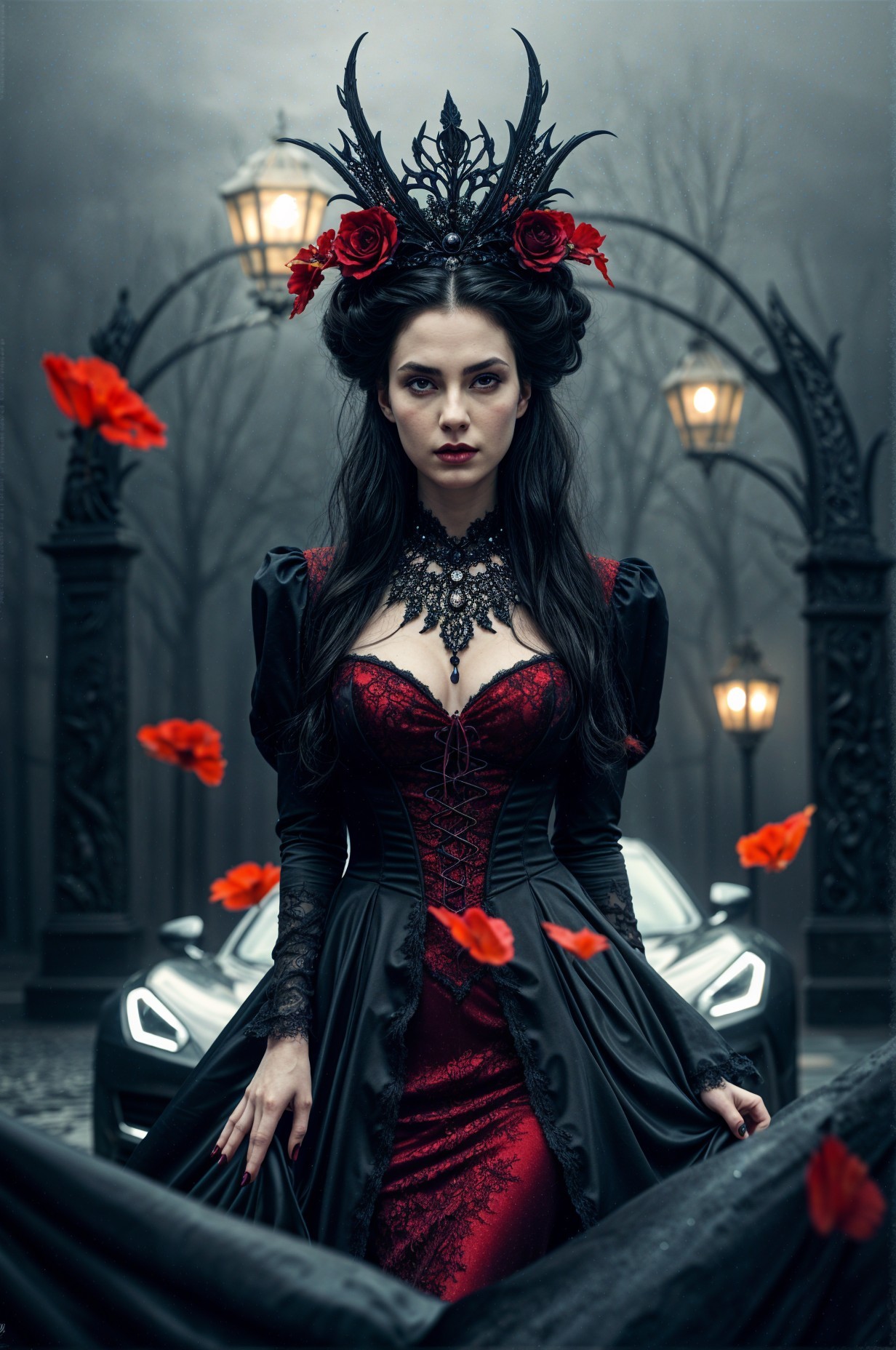 Confident Woman in Dark Setting with Red Gown and Antlers