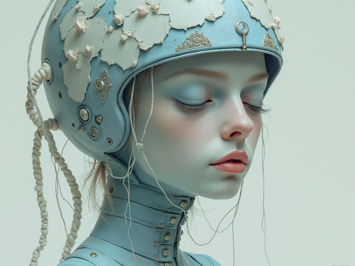 Futuristic Figure with Porcelain Skin and Helmet