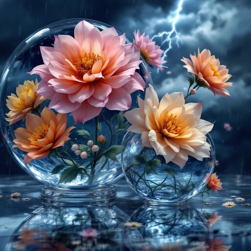 Surreal Scene of Flowers in Glass Spheres and Storm
