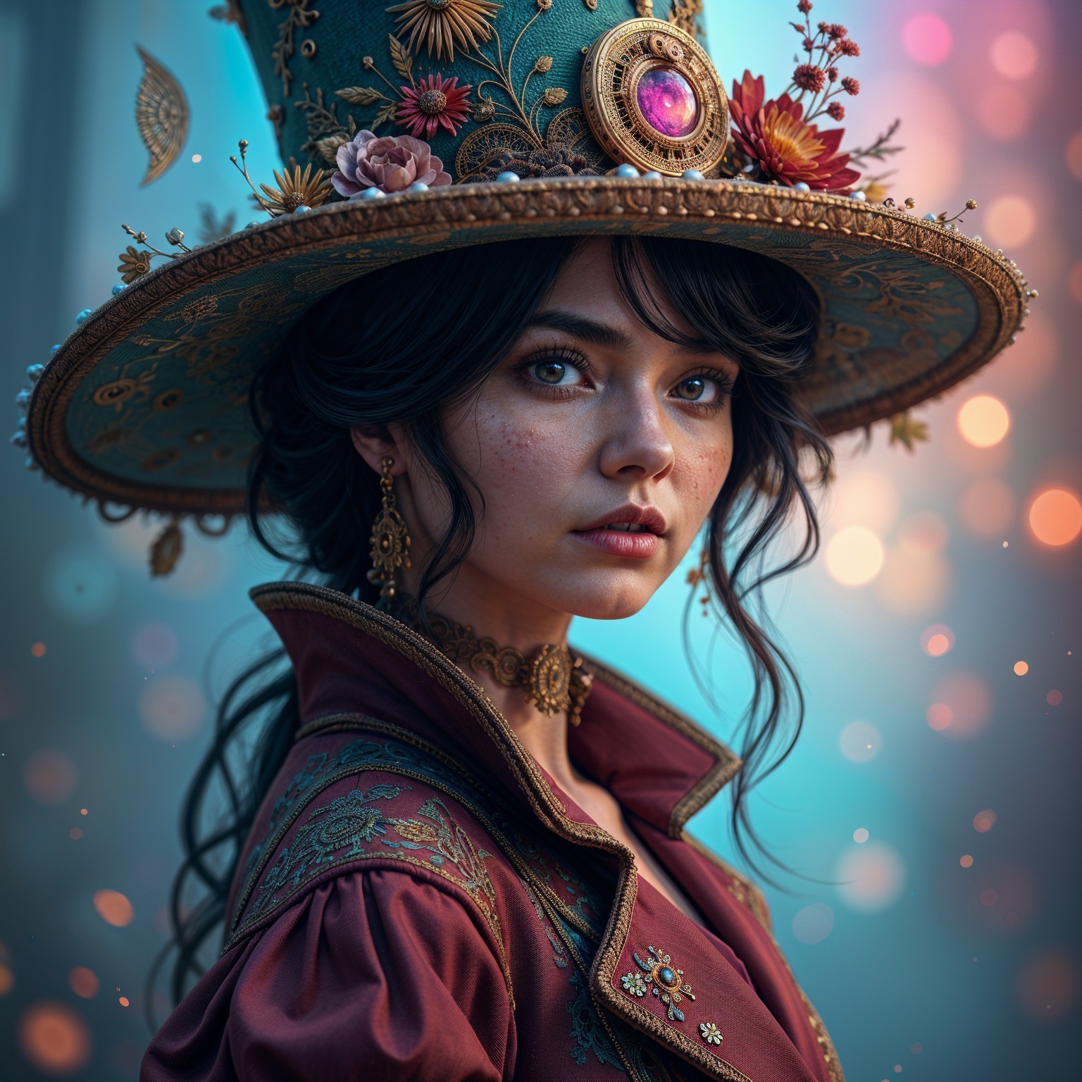 Young woman in ornate hat with floral designs