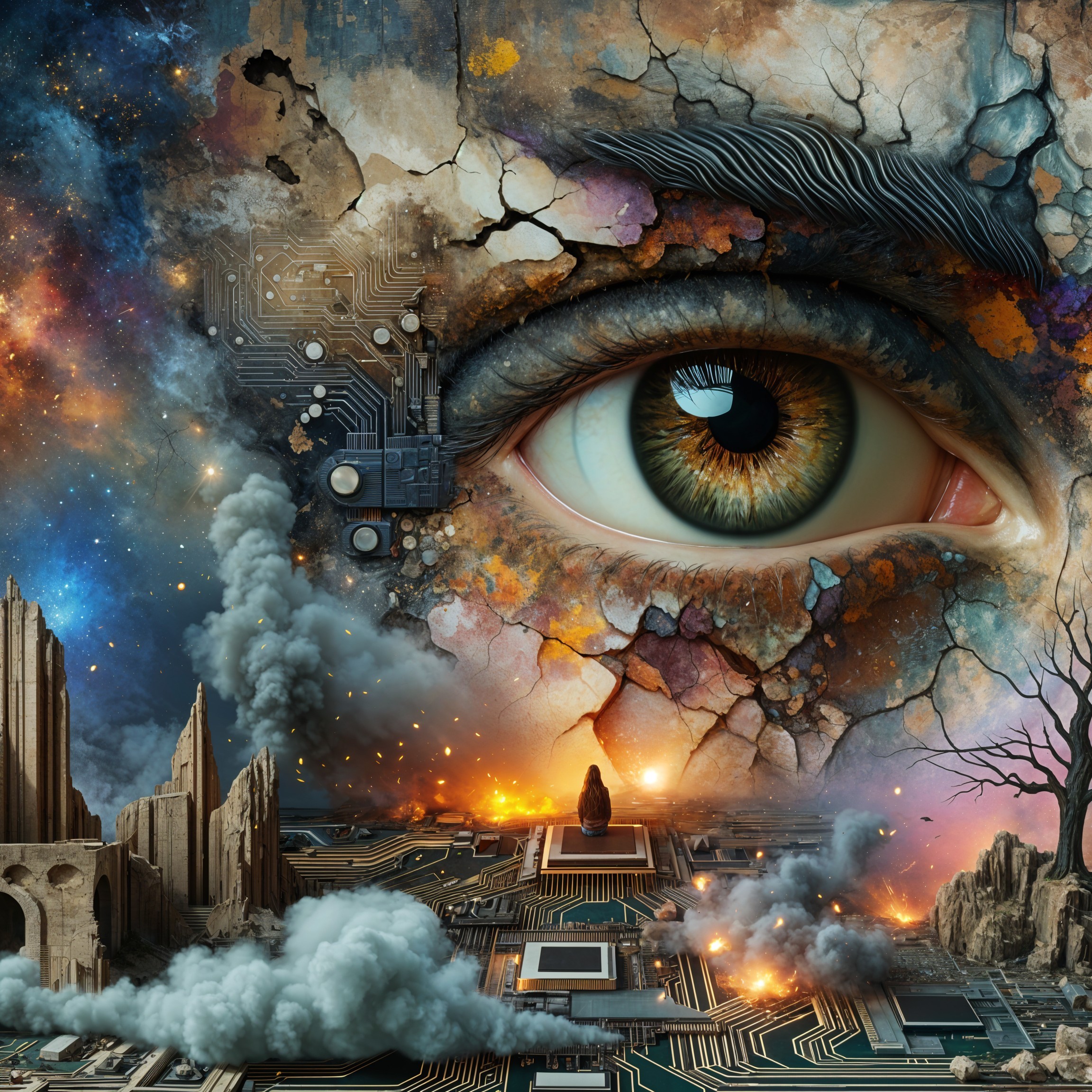 Surreal Collage of Eye with Cosmic and Technological Themes