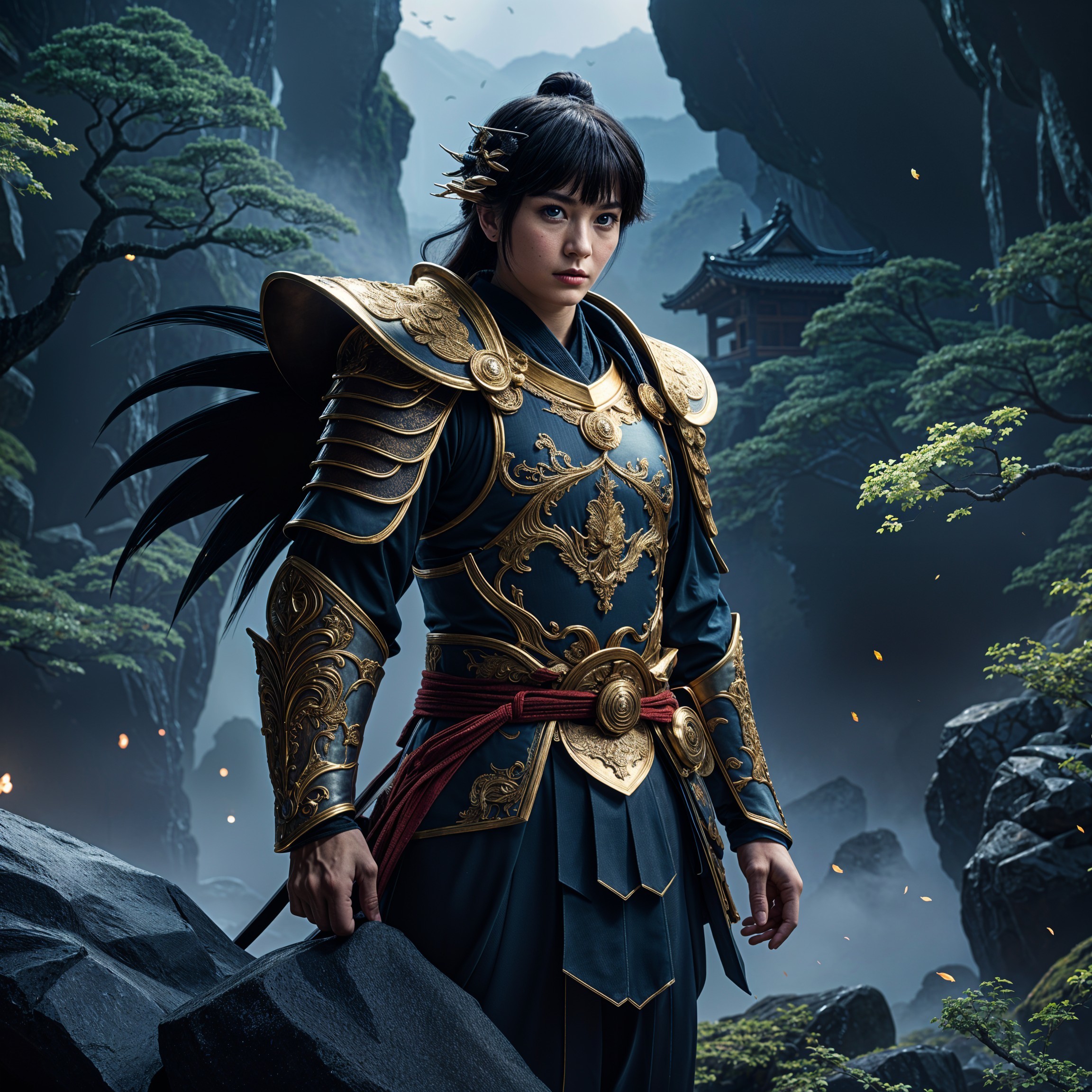 Warrior in Intricate Armor in Mystical Landscape