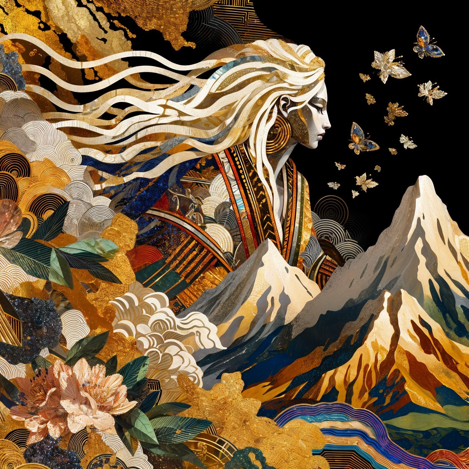 Serene Figure Surrounded by Nature and Vibrant Colors