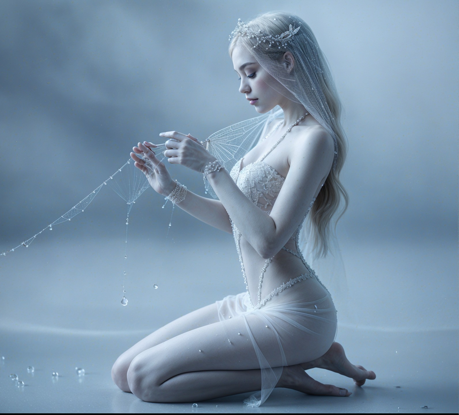 Ethereal Figure in Shimmering Fabrics and Blue Background