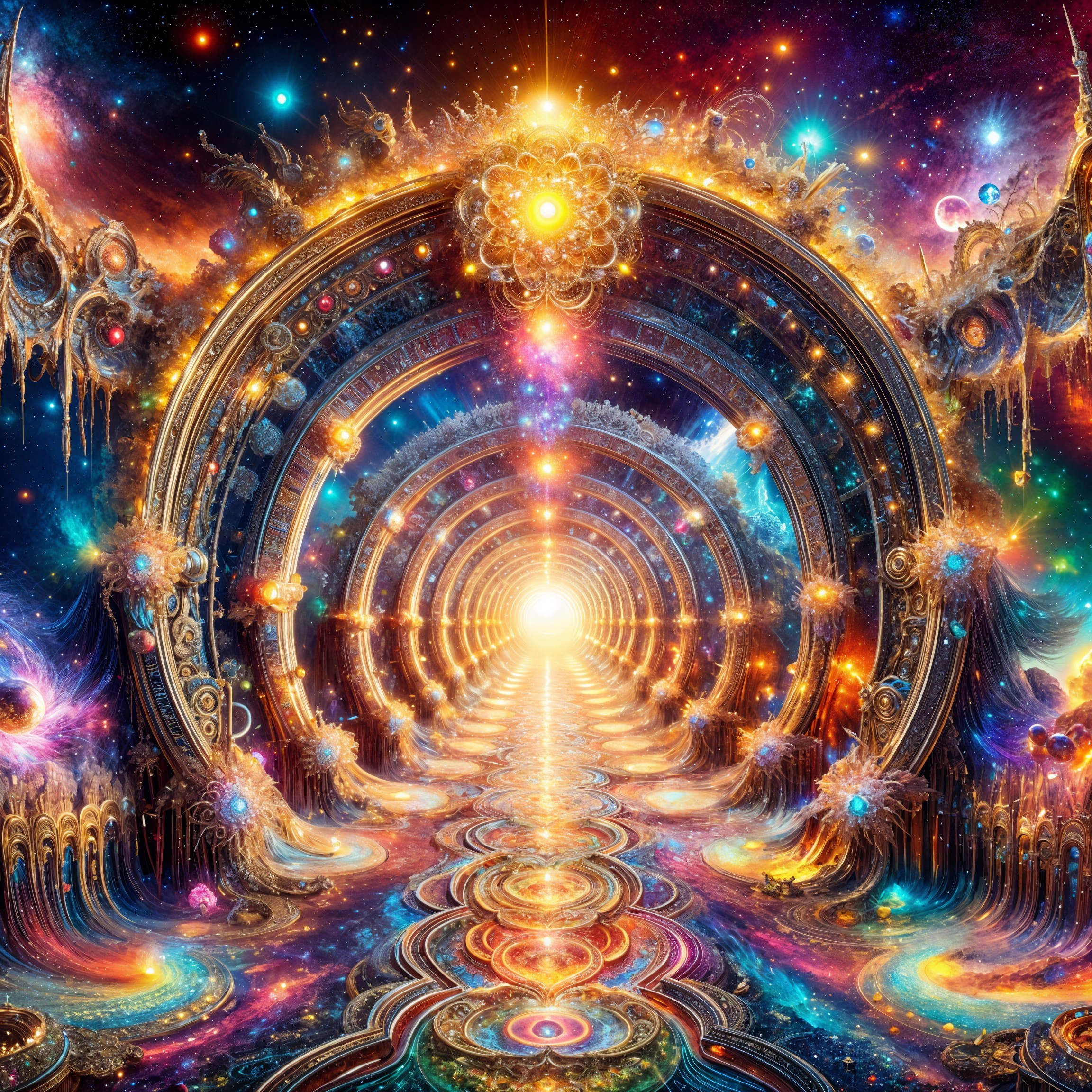 Vibrant cosmic portal with intricate patterns and galaxies