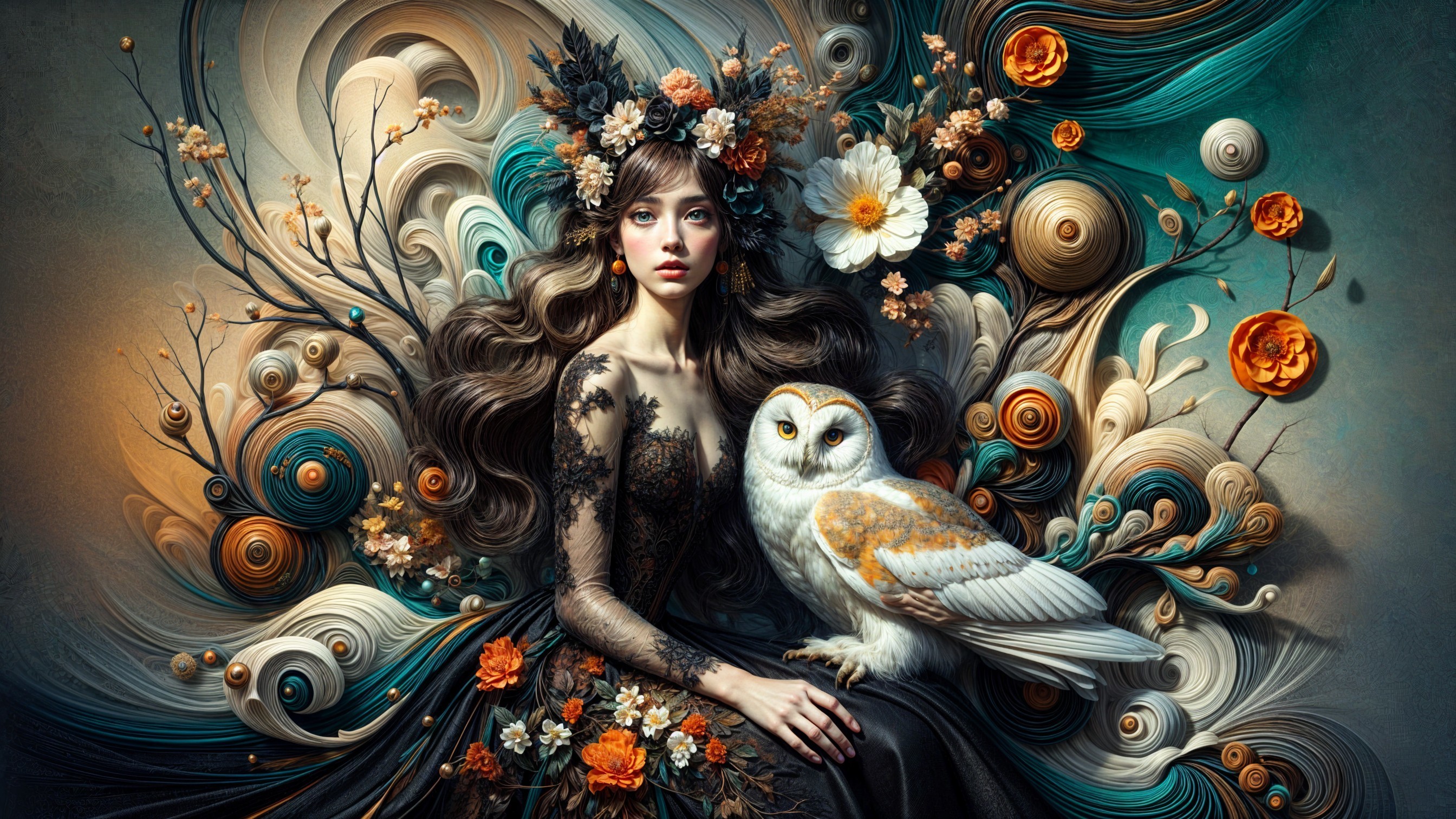 Mystical Woman in Lace Dress with Owl and Flowers