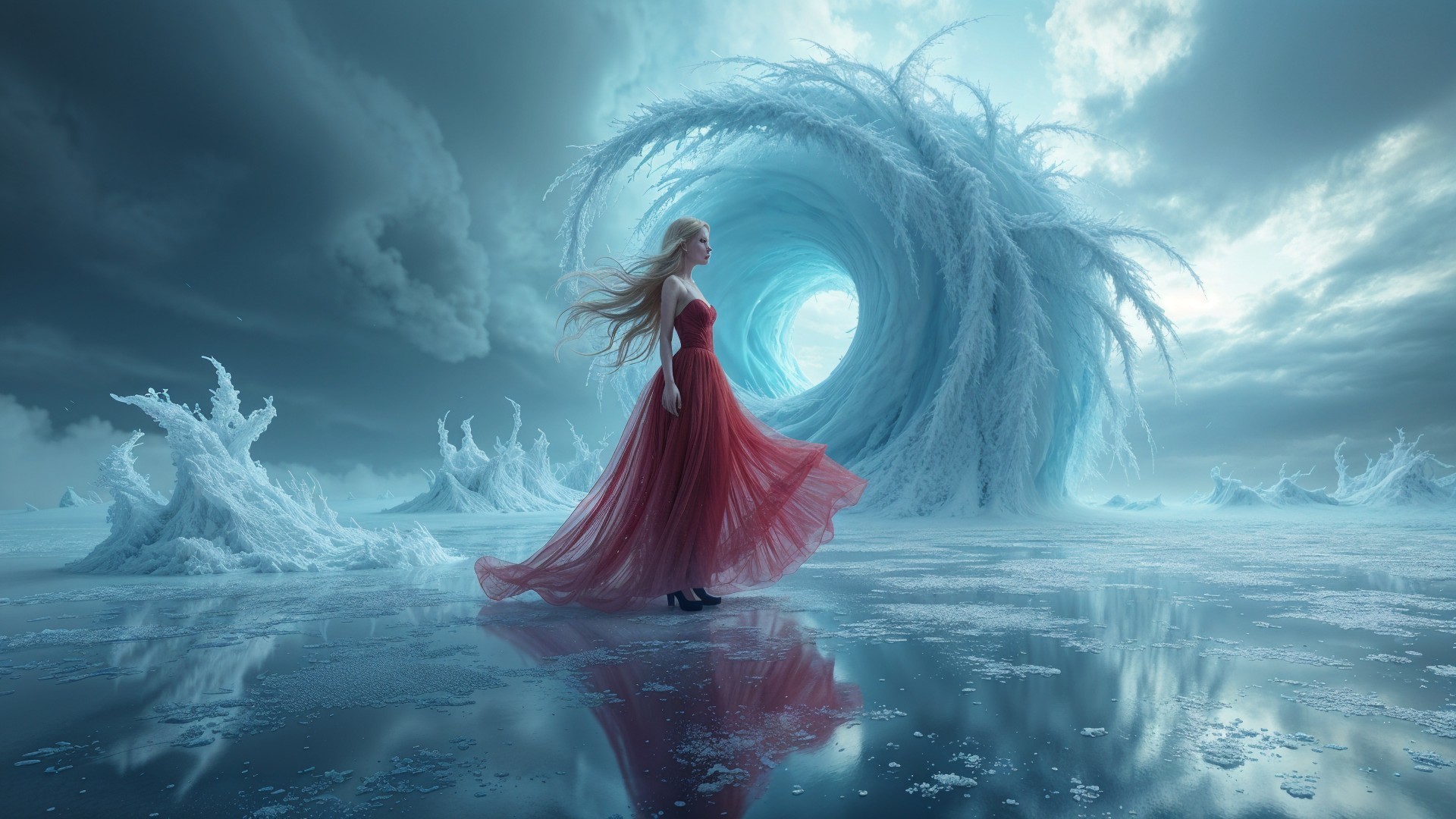 Surreal Landscape with Woman in Red Dress and Ice Waves