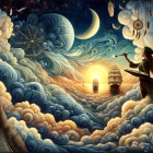 Enchanting Scene of a Woman with Doves and Floating Ships