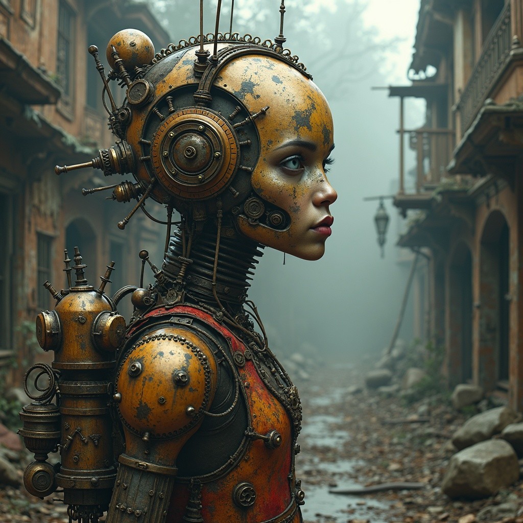 Humanoid Robot in Foggy Abandoned Steampunk Street