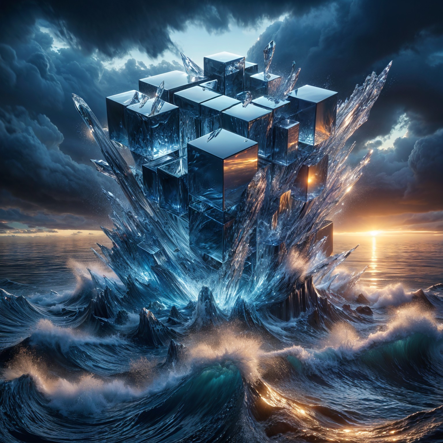 Surreal Cubes Emerging from Turbulent Ocean Waves