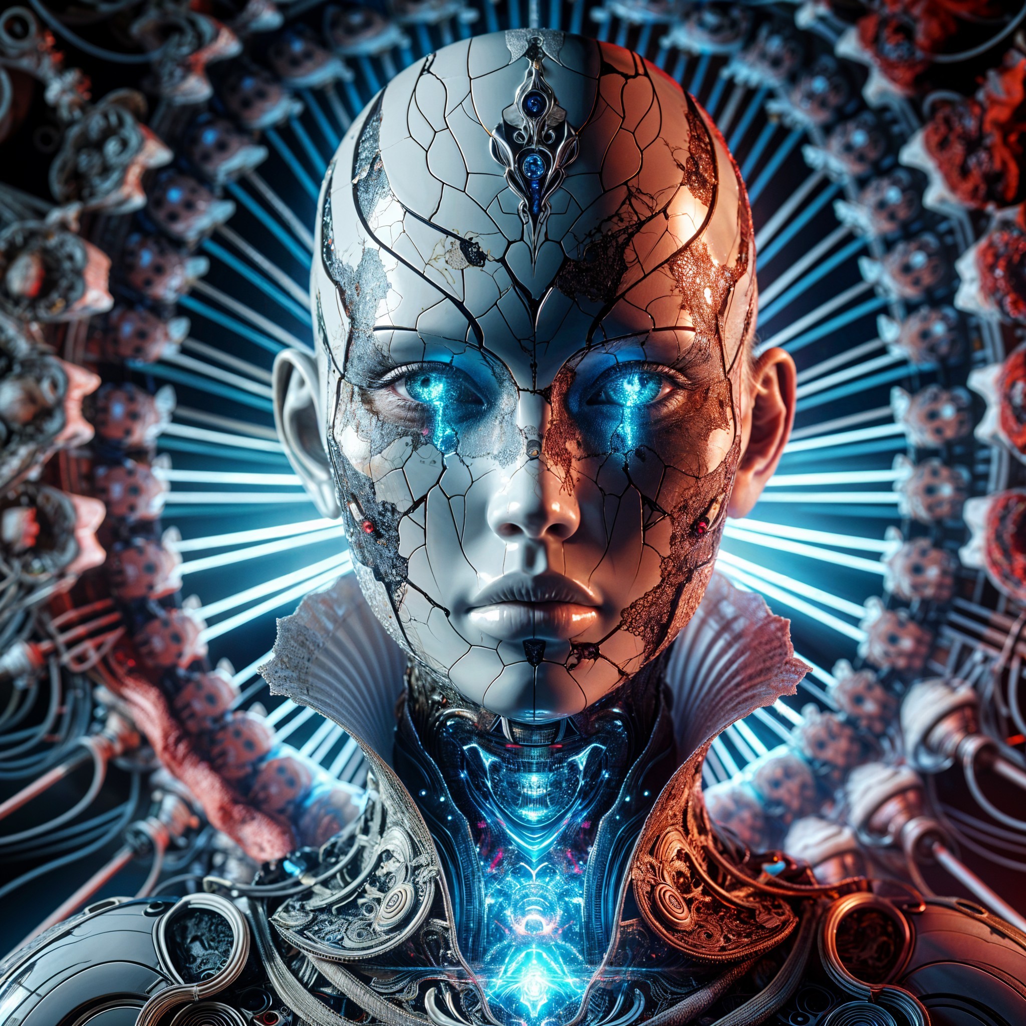Futuristic humanoid robot with glowing blue eyes