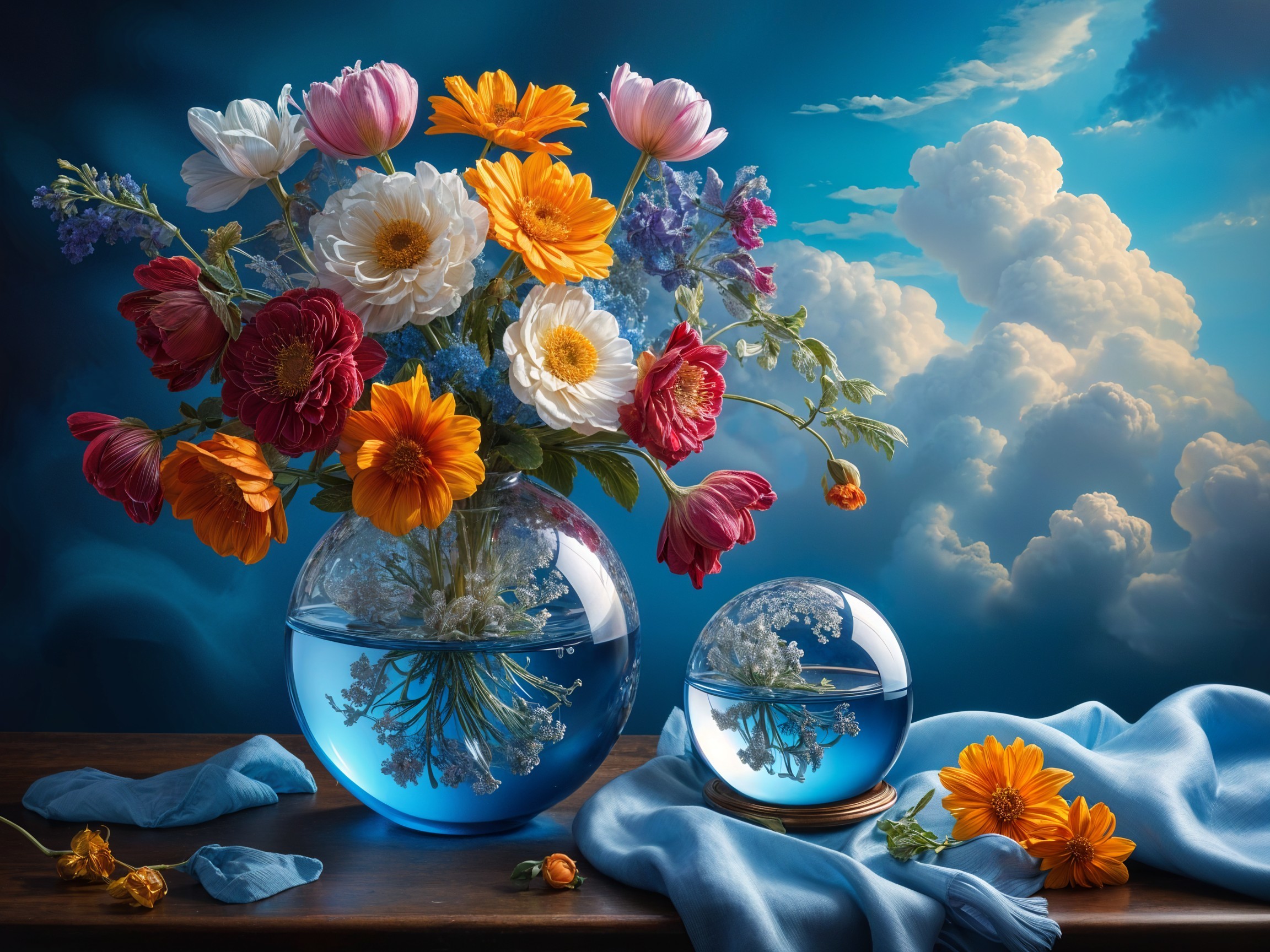 Colorful Flower Arrangement in Glass Vase with Blue Water