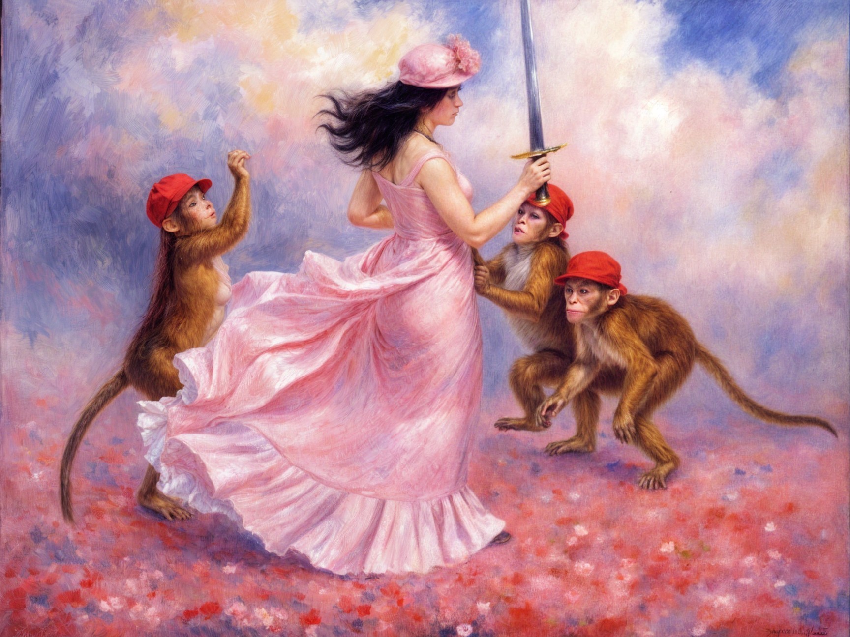 Whimsical Scene of Woman in Pink Dress with Monkeys