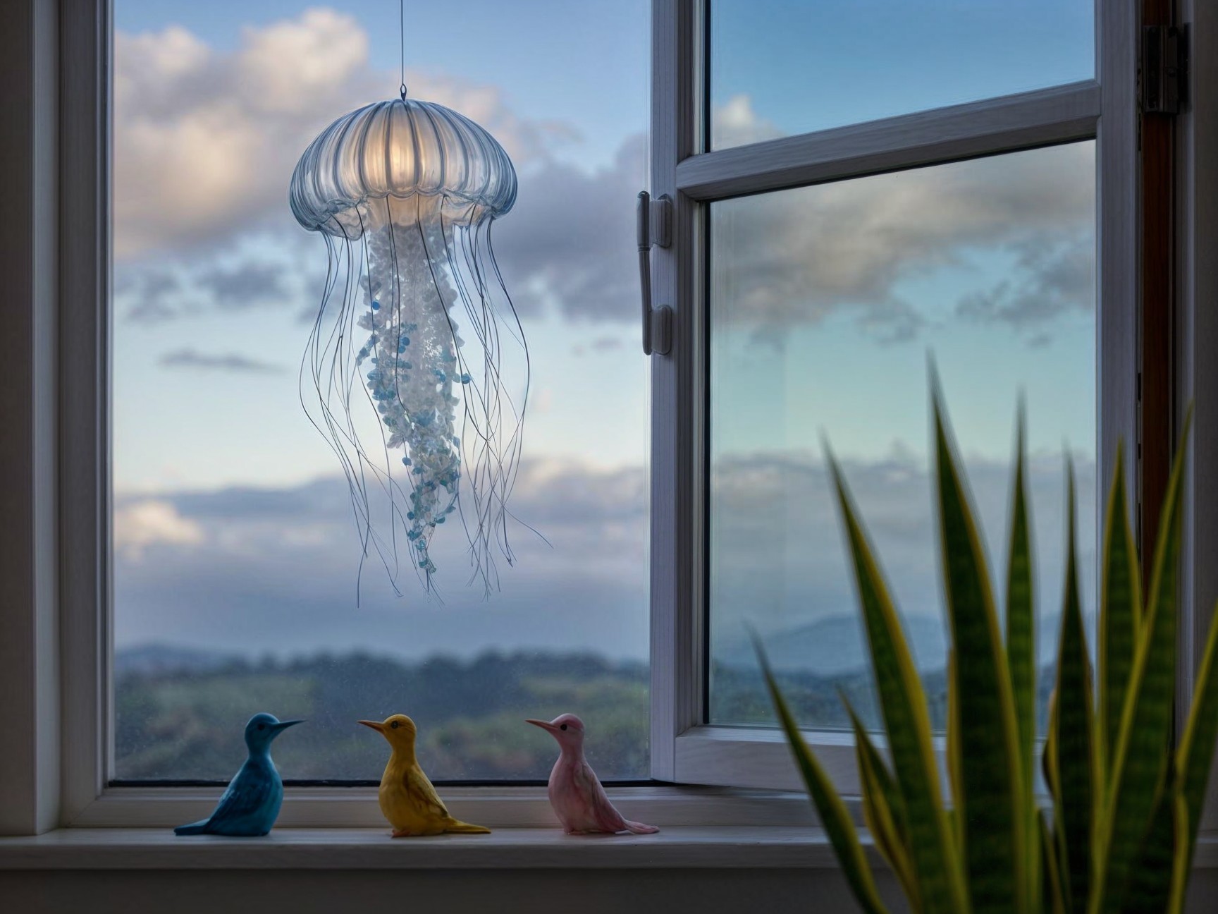 Whimsical Jellyfish Light and Colorful Bird Figurines