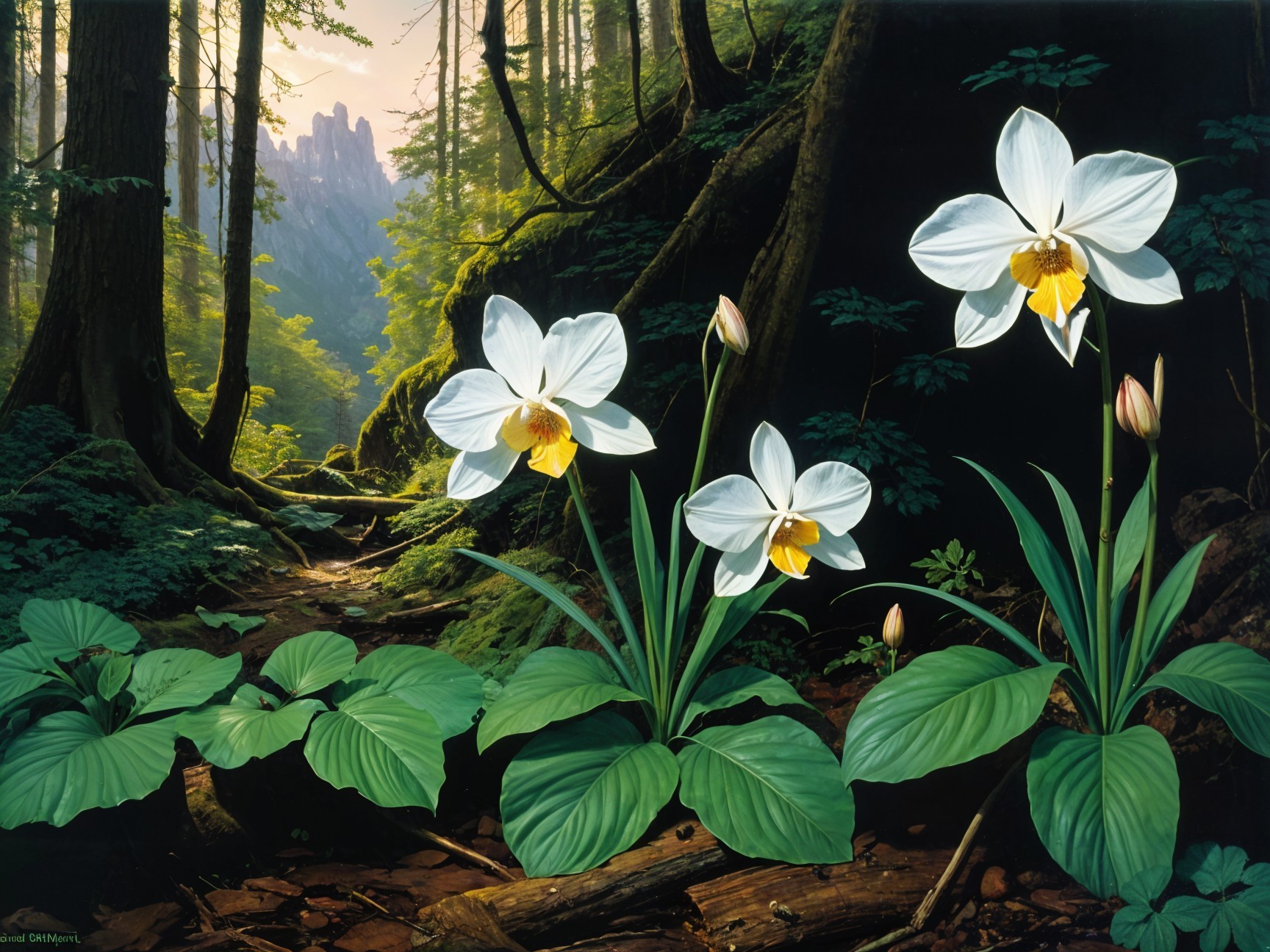 Vibrant Orchids in a Serene Forest Landscape