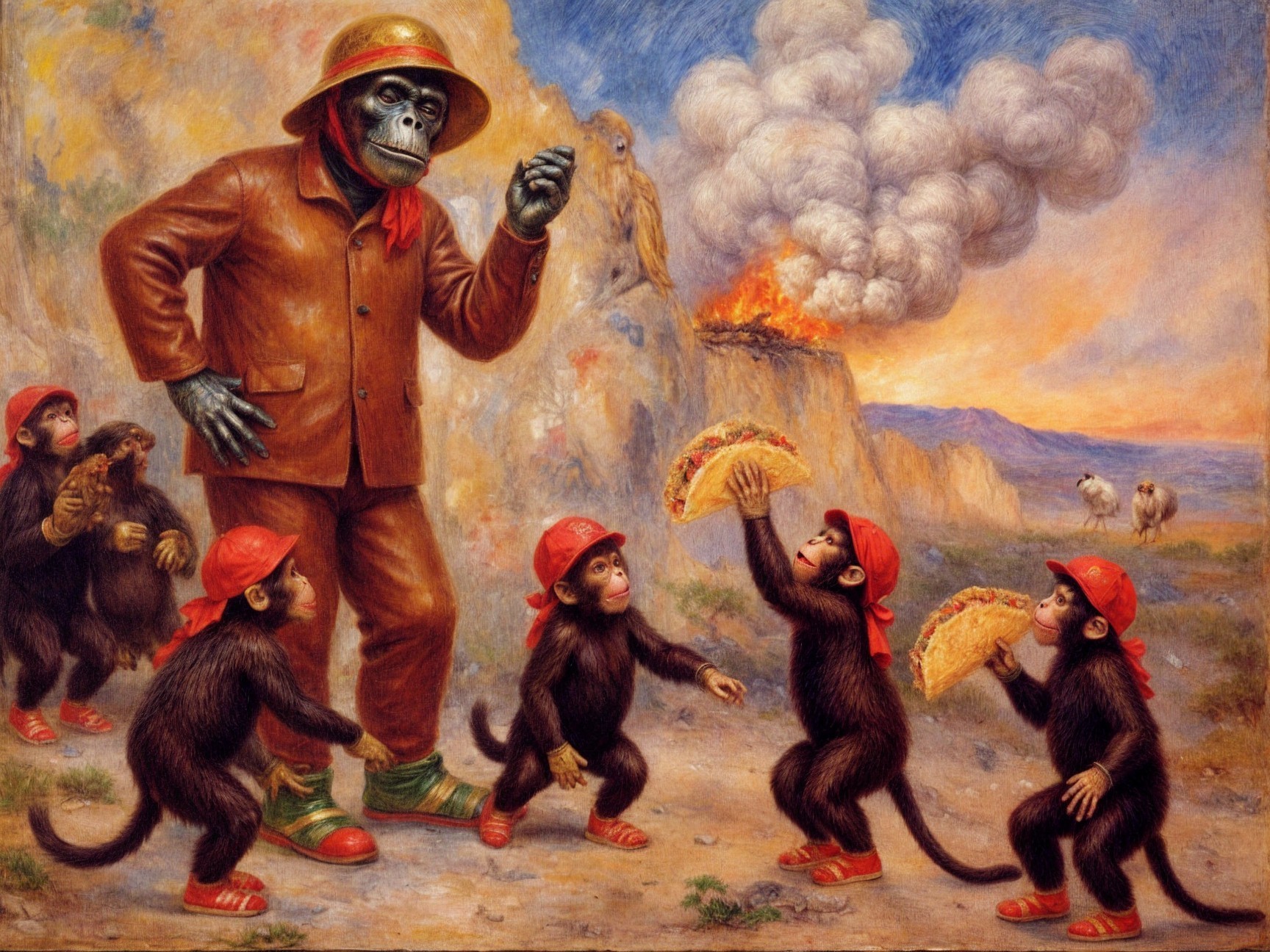 Gorilla in Suit with Monkeys Holding Tacos in Landscape