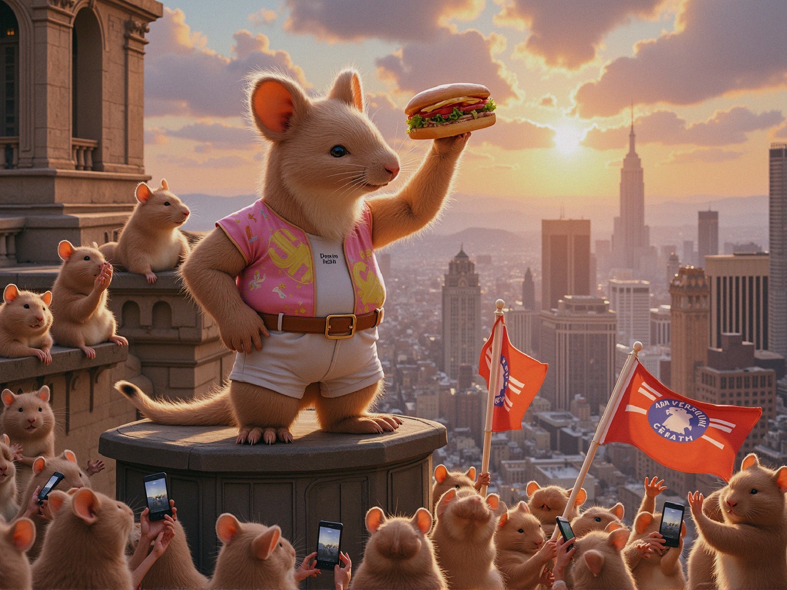 Cartoon Mouse Celebrates with Hamburger at Sunset City