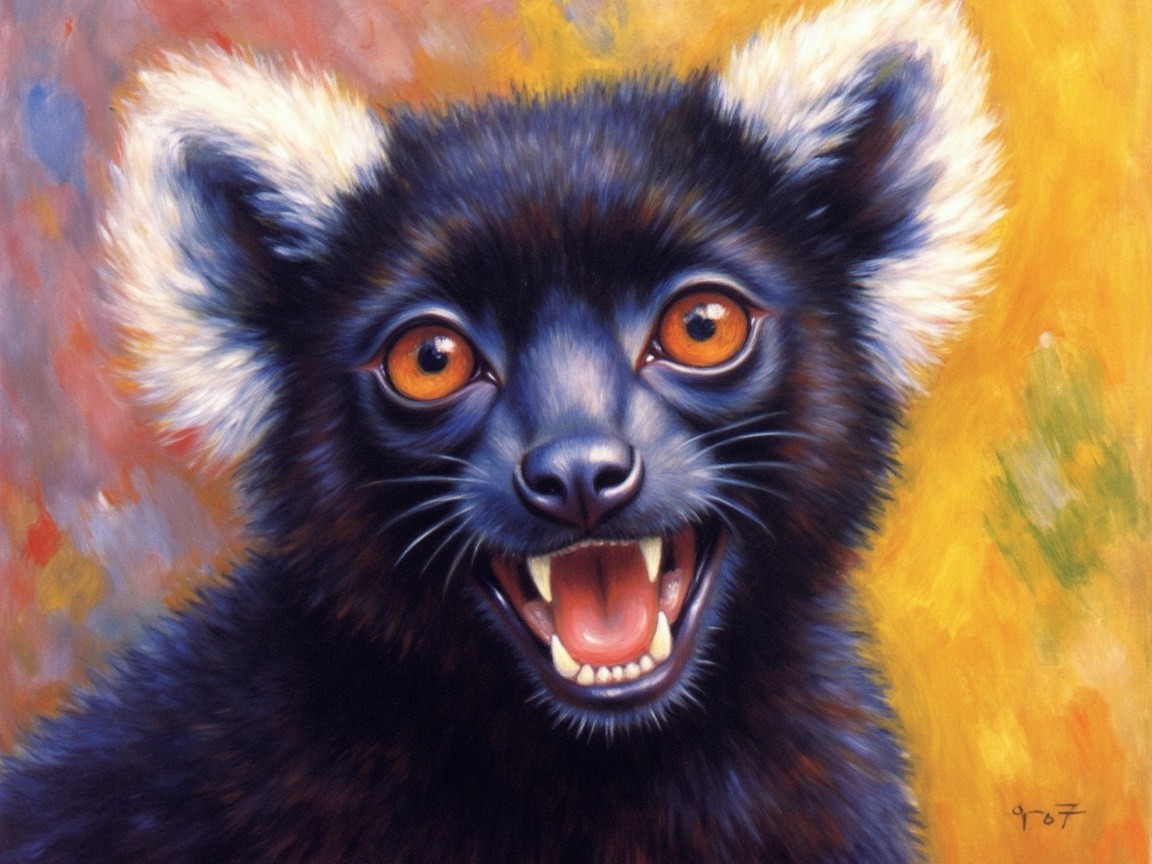 Vibrant Painting of a Black-and-White Ruffed Lemur