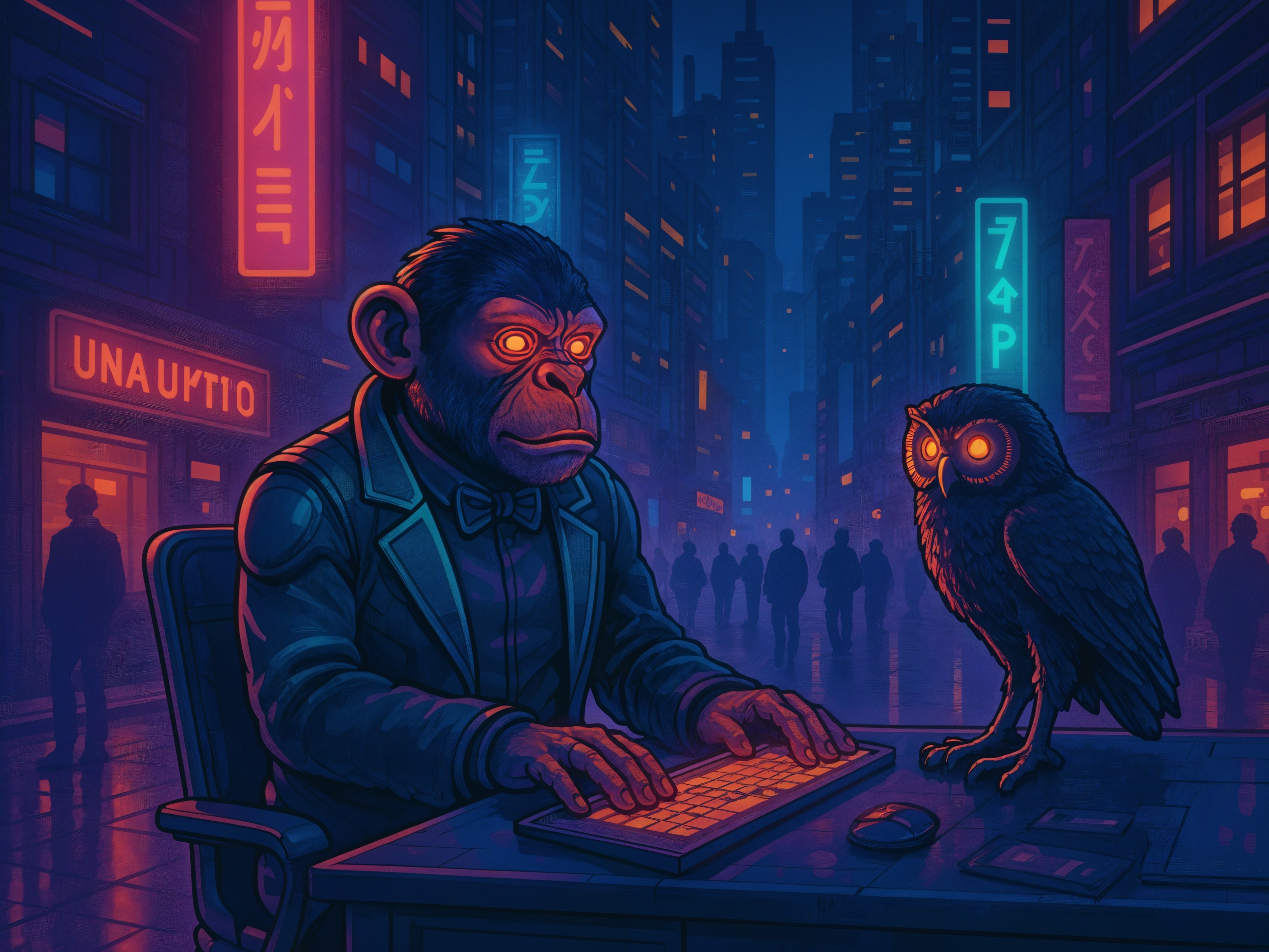 Neon Urban Scene with Monkey and Owl in Tuxedo
