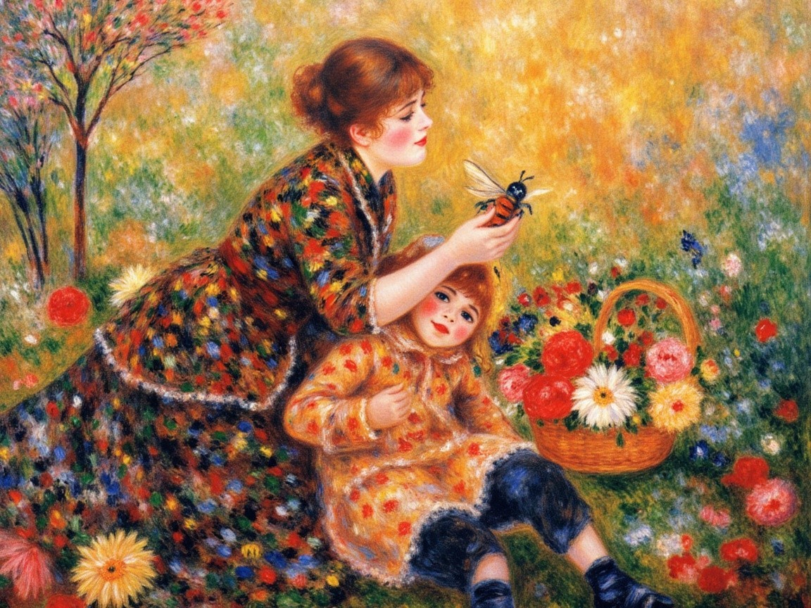Mother and Daughter in a Colorful Meadow Scene