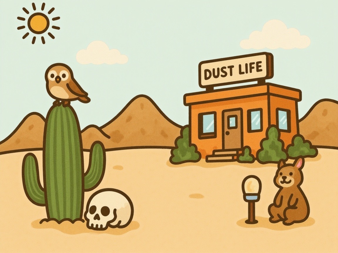 Colorful Desert Scene with Owl, Cactus, and Bear