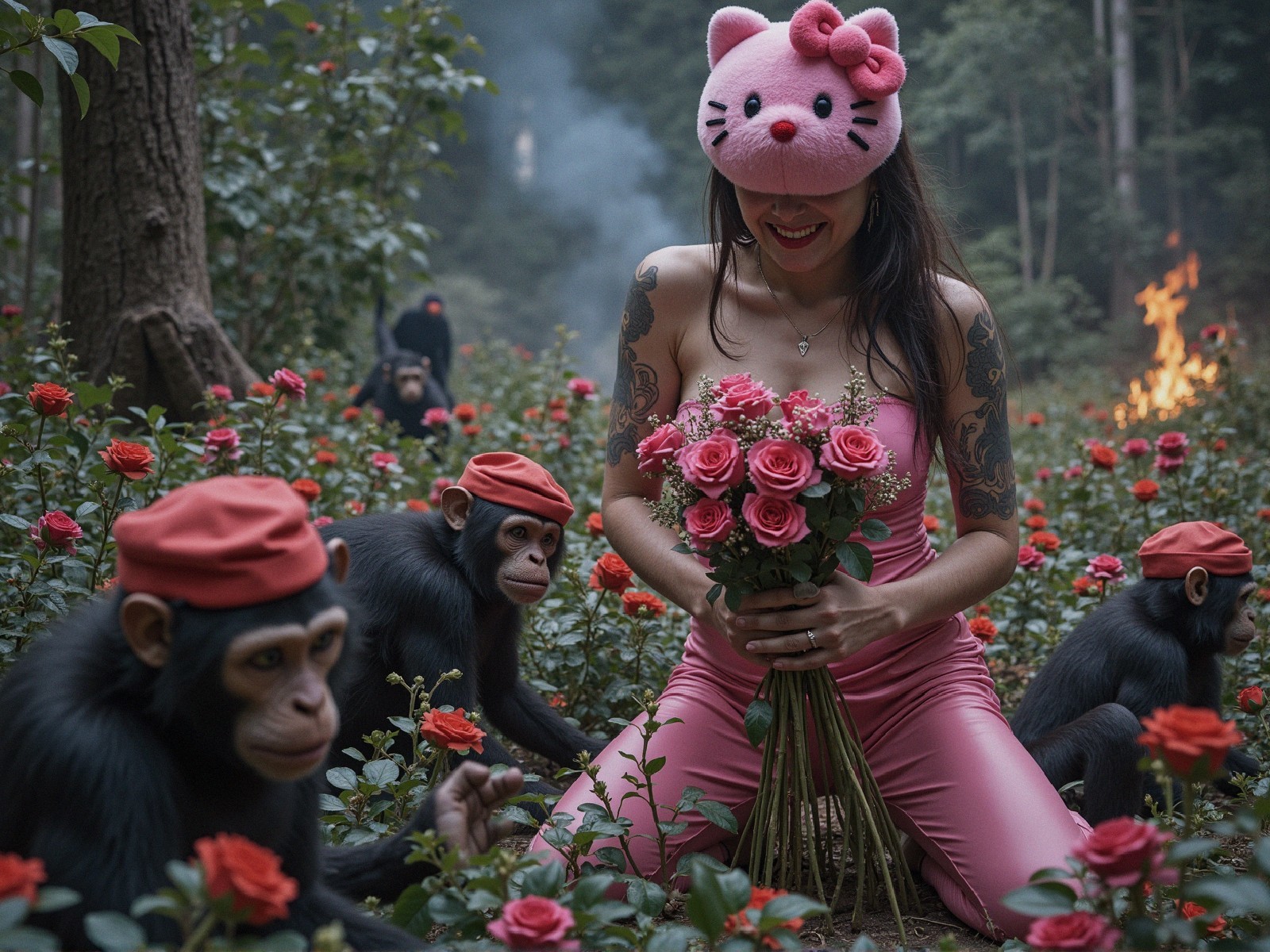 Woman in Pink Outfit Surrounded by Roses and Simians