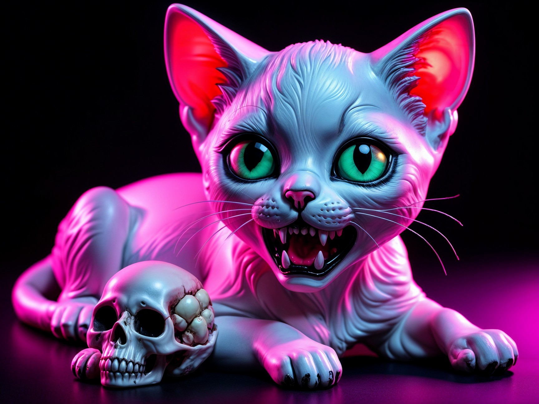Anthropomorphic cat with vibrant fur and skull detail