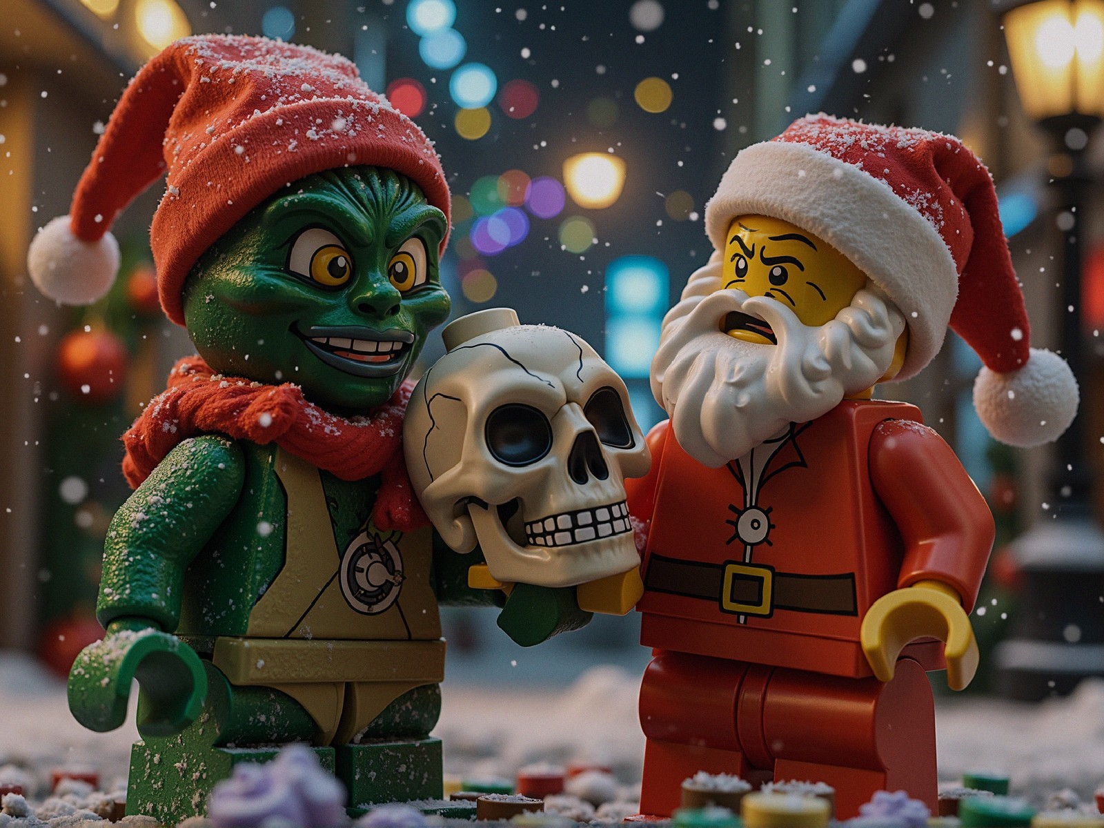 Mischievous Creature in Santa Hat Presents Skull in Snow