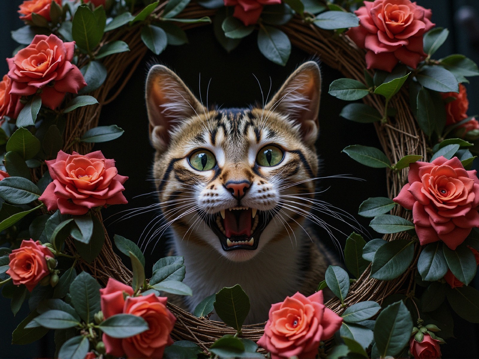 Cat with Green Eyes Peeking Through Rose Wreath